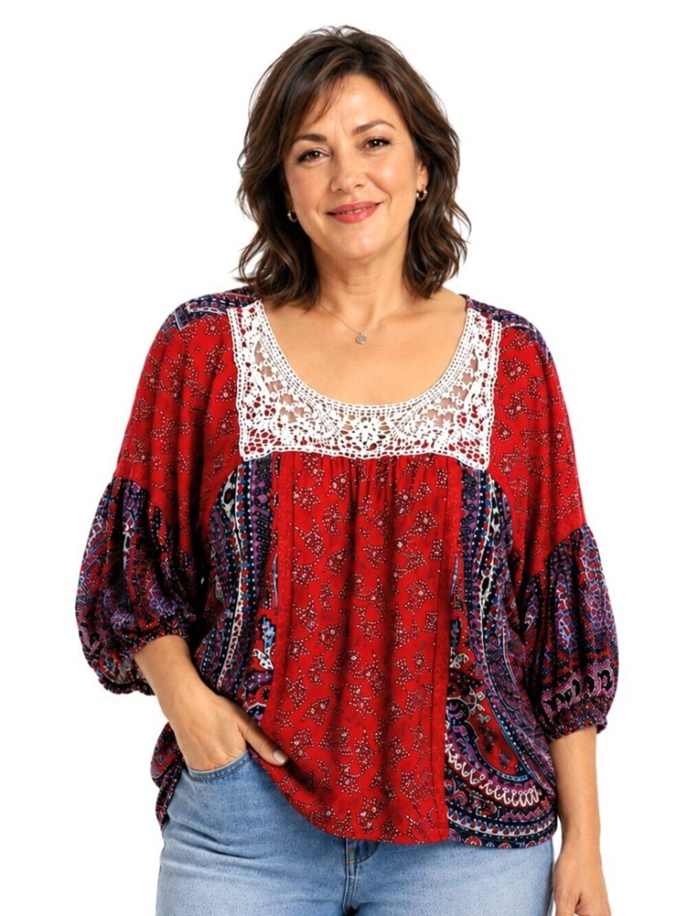 Bila Red Floral Crochet Lace Ribbon Trim Tunic Top - XXL
